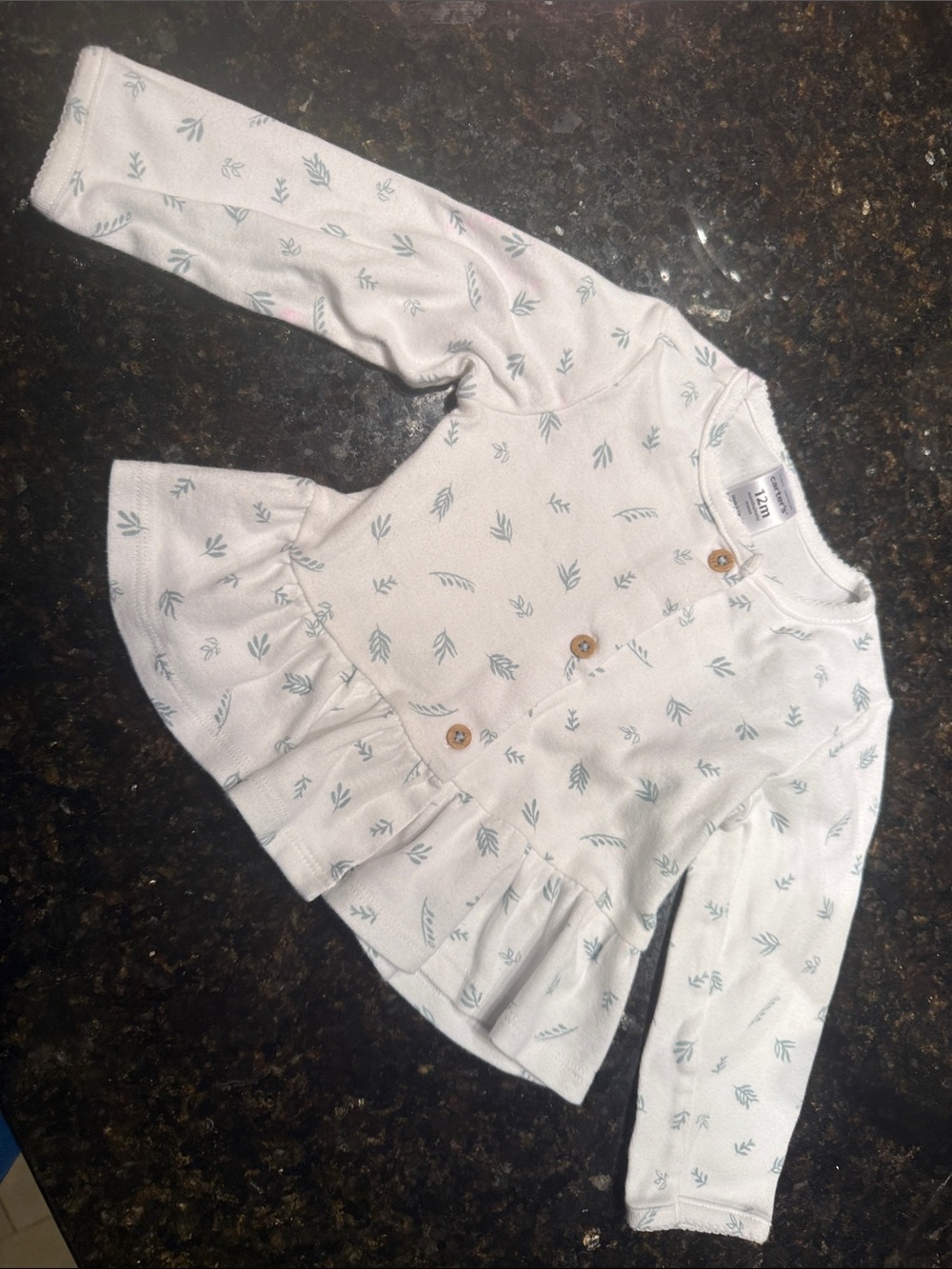 Long-Sleeve Peplum Top in Light Cream with Leaf Print - 12 Months Baby Girl NWOT